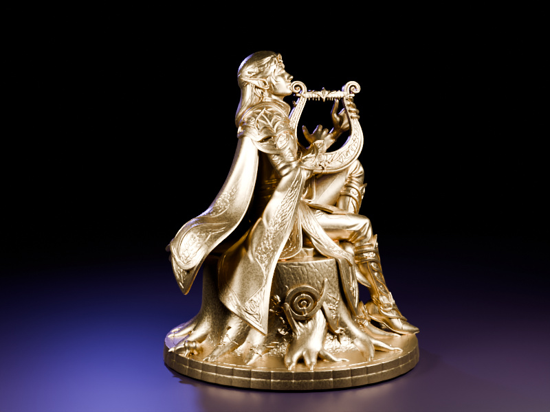 Side view of the elf bard playing the lyre