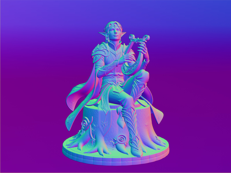 Material view of the elf bard seated on the tree trunk