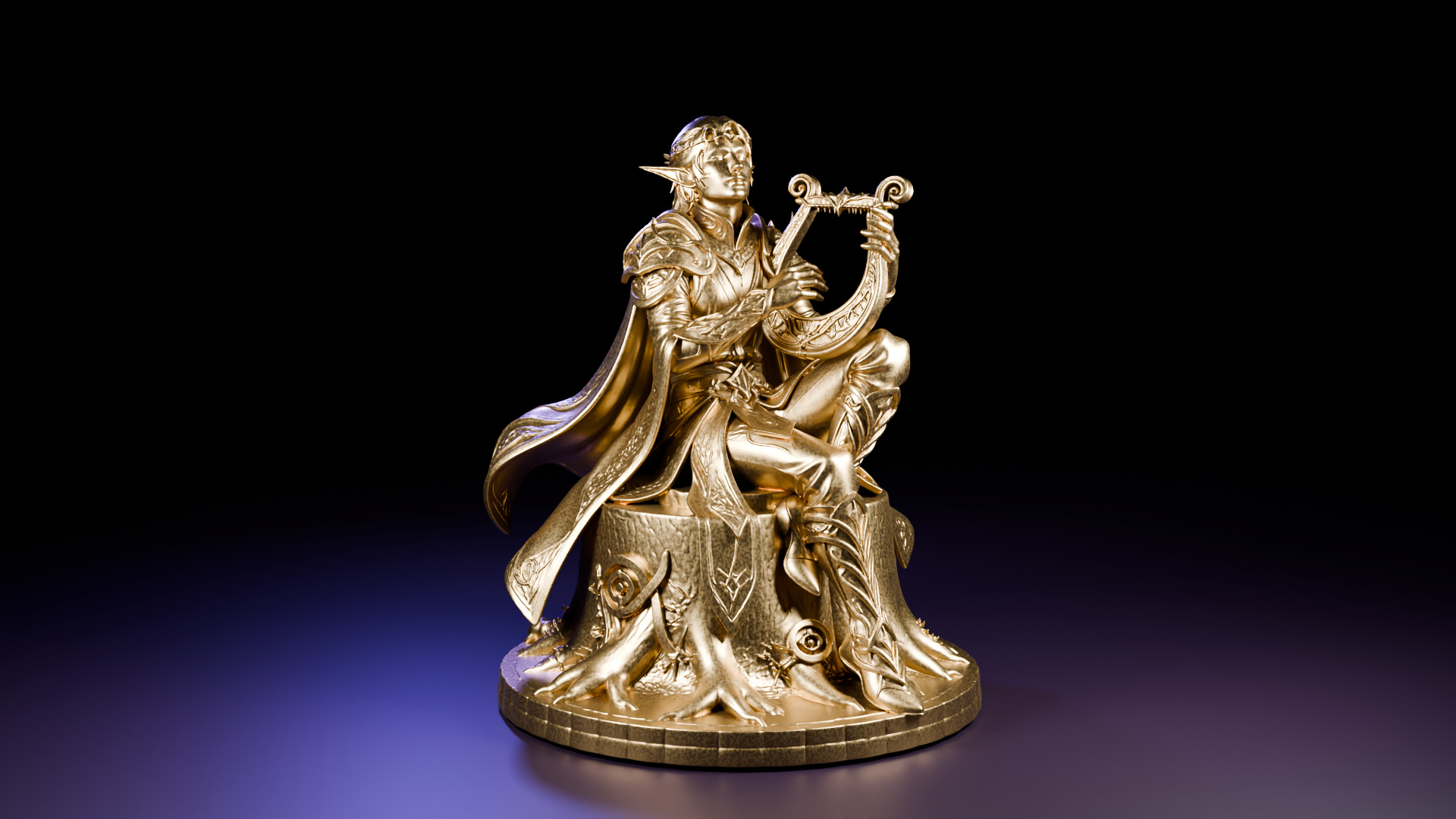 Elf bard seated on a tree trunk, playing a lyre