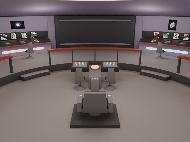 Front of the bridge with the main viewscreen, helm and navigation consoles and the captain's chair