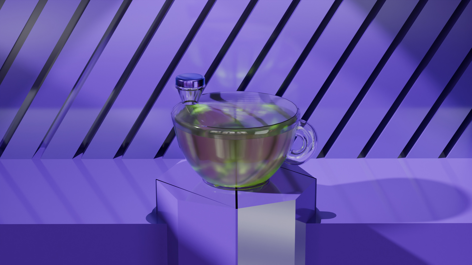 Herbal tea bottle rendered with glass, liquid and metal materials