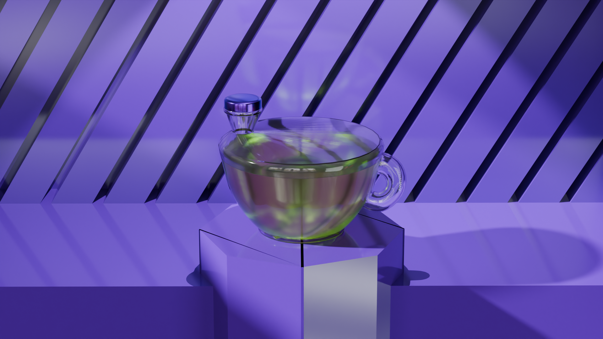Herbal tea bottle rendered with glass, liquid and metal materials