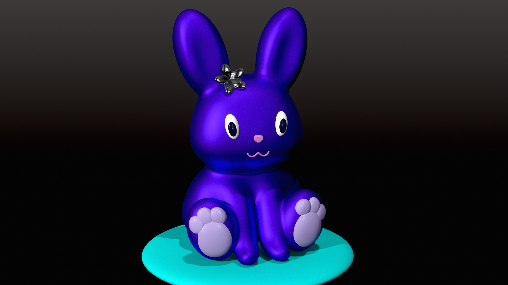 Stylized purple bunny sculpt with a glossy finish, seated on a teal disc