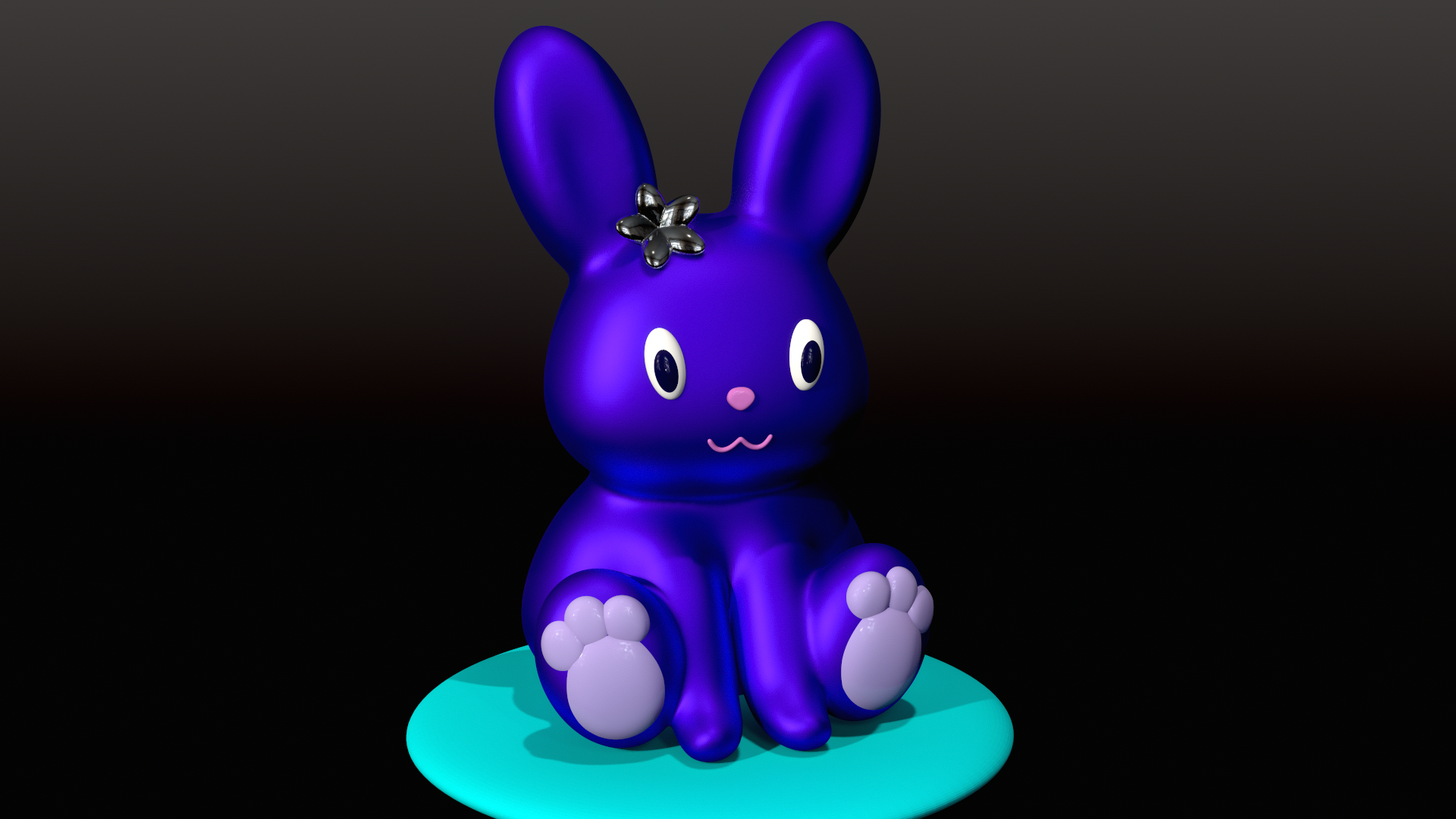 Stylized purple bunny sculpt with a glossy finish, seated on a teal disc