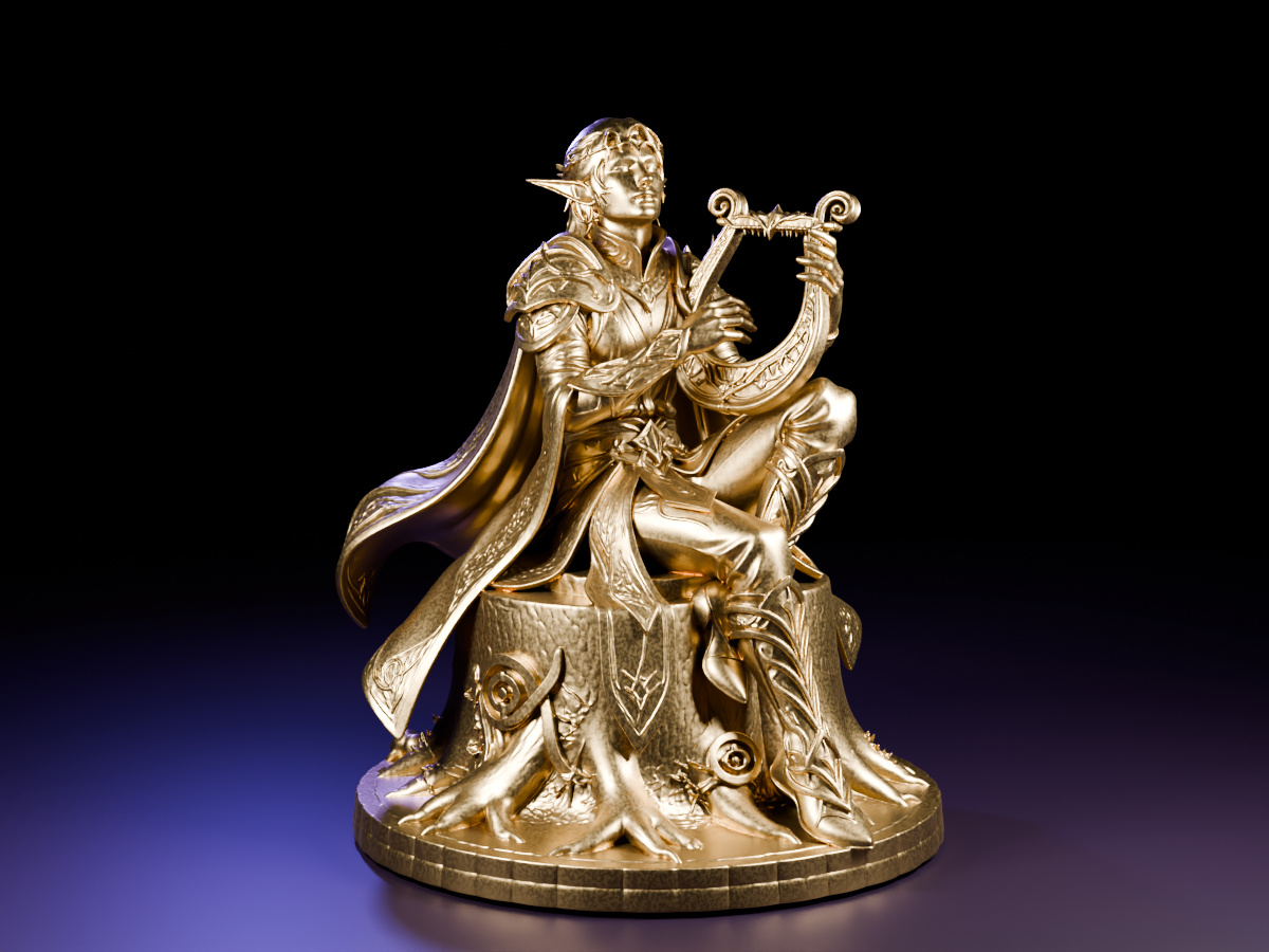 Elf bard seated on a tree trunk playing a lyre