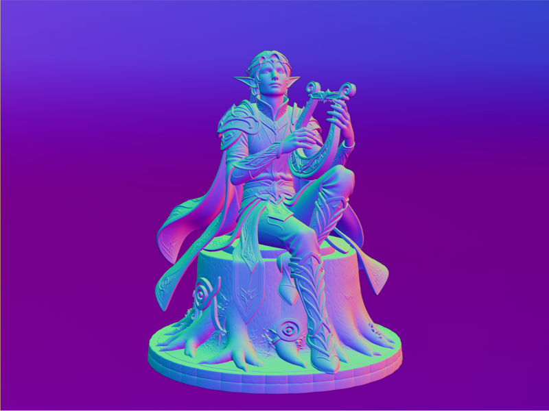 Material view of the elf bard seated on the tree trunk