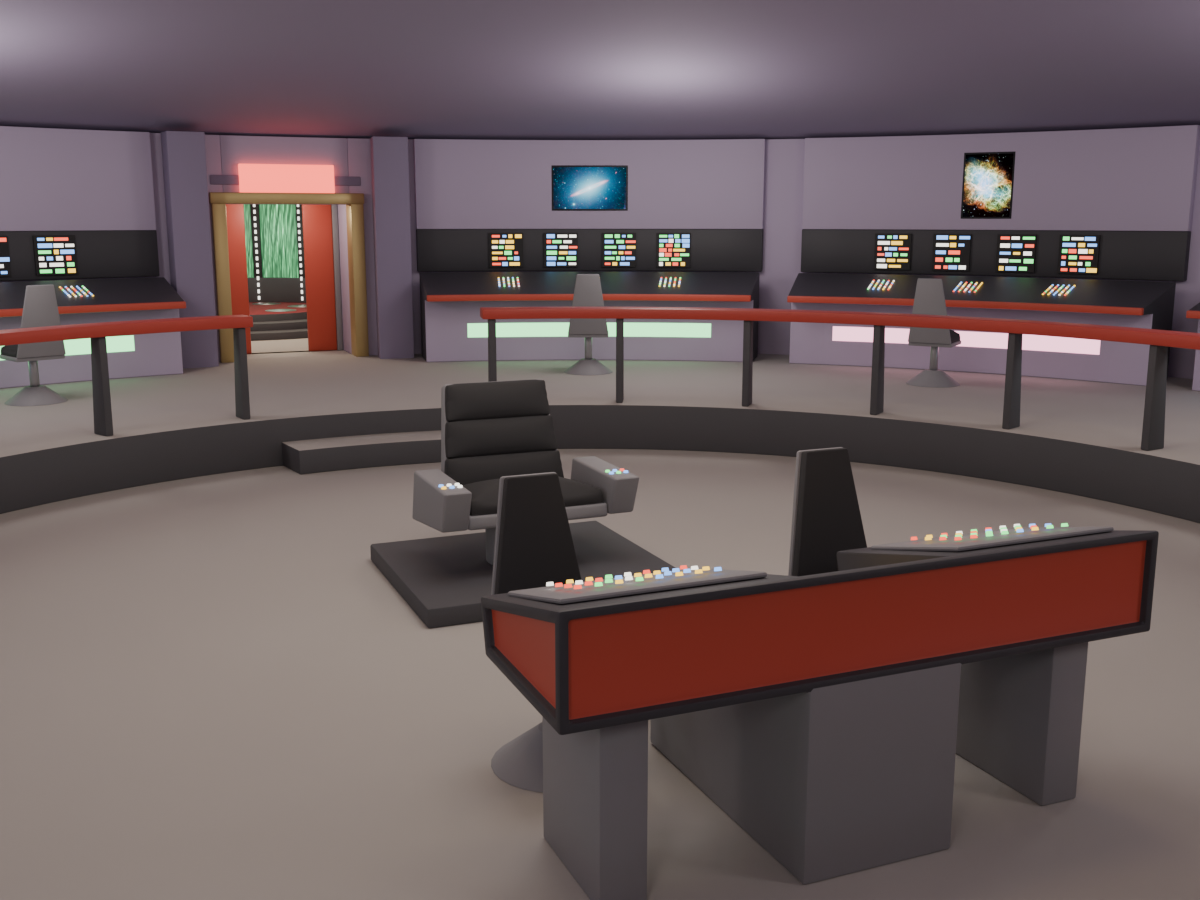 Starship bridge with captain's chair, red railings and lit consoles