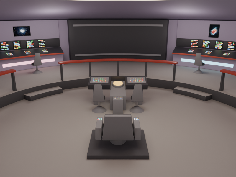 Front of the bridge with the main viewscreen, helm and navigation consoles and the captain's chair