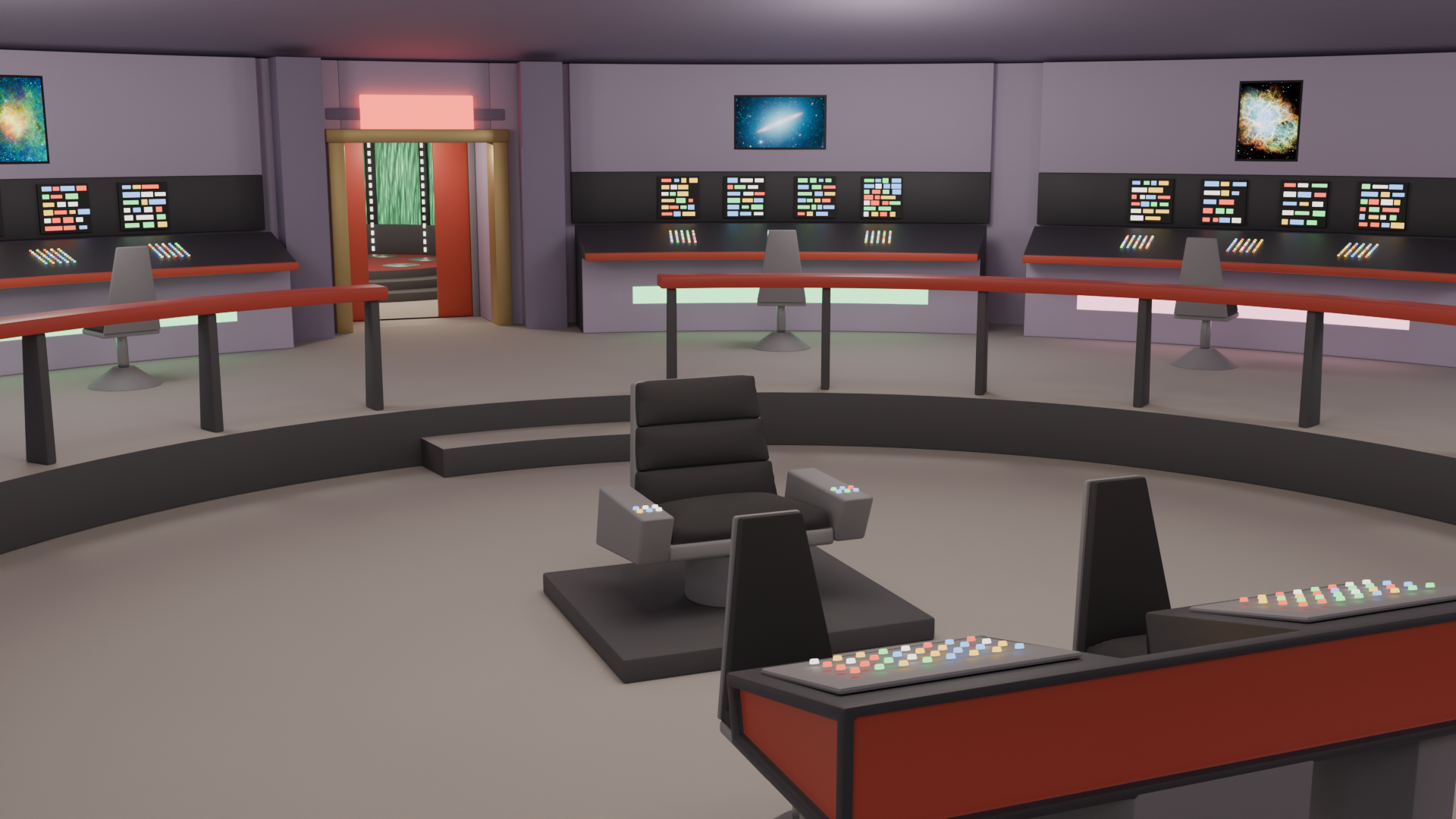 Starship bridge with a captain's chair, red railings and lavender walls lined with lit consoles