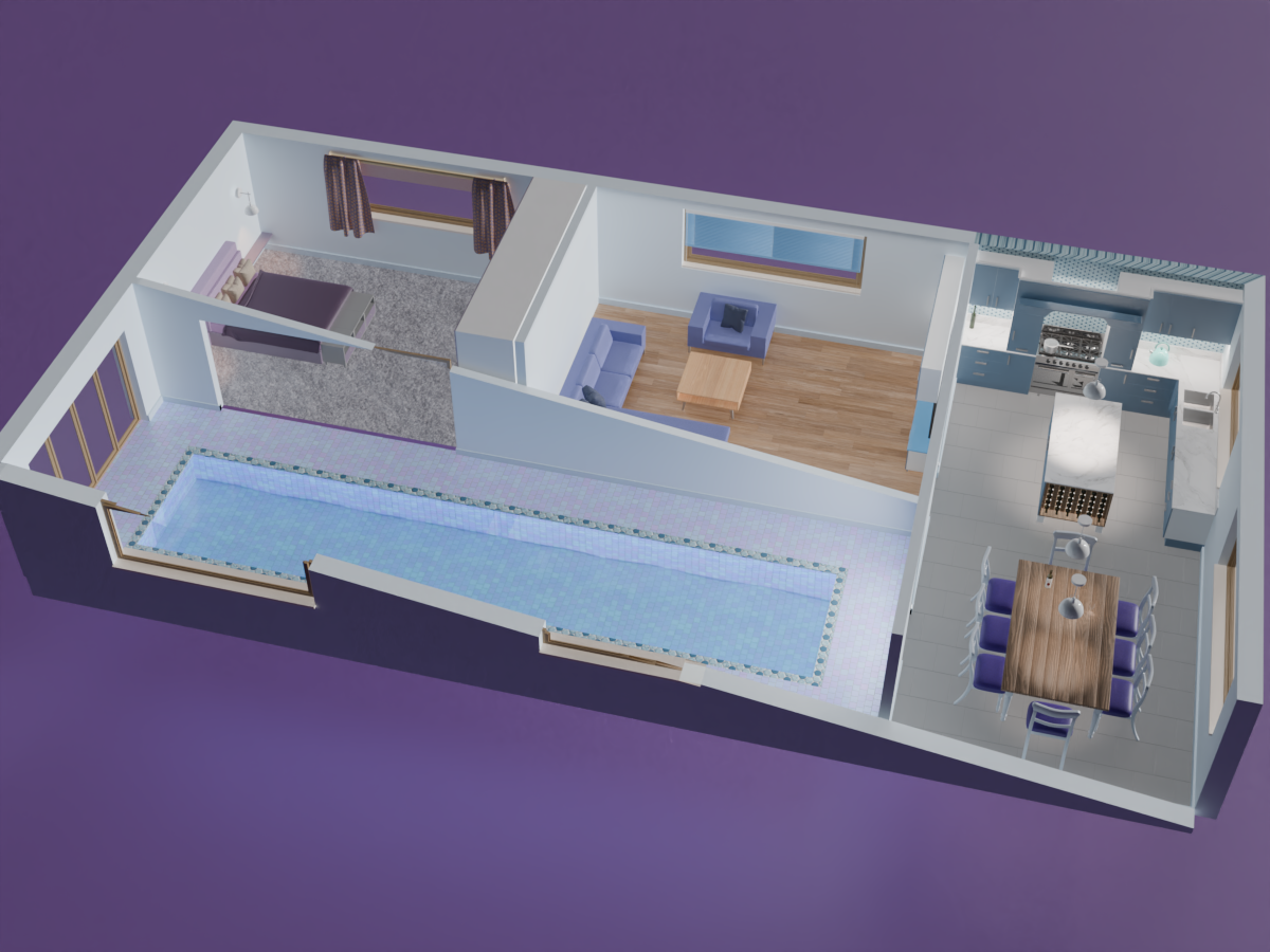 Cutaway overhead render of a full house showing bedroom, living room, kitchen and indoor pool