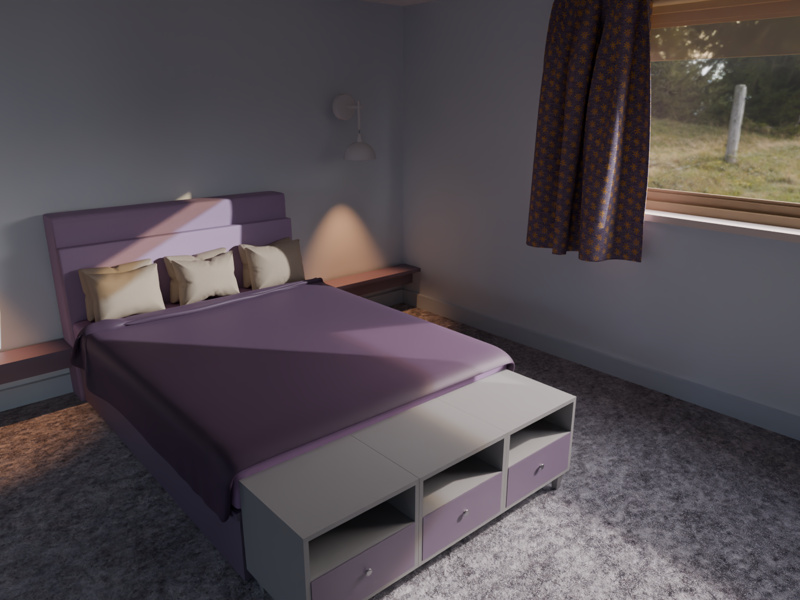Bedroom with a purple bed, storage drawers at its foot and a curtained window