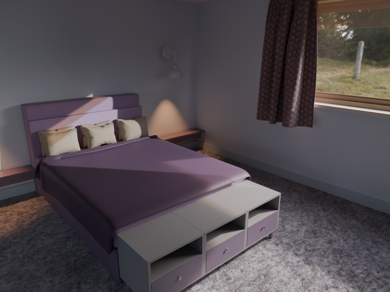 Bedroom with a purple bed, storage drawers at its foot and a curtained window