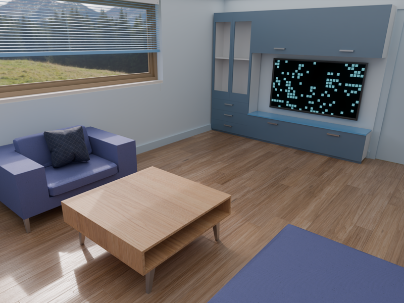 Living room with a blue armchair, oak coffee table and a built-in media unit