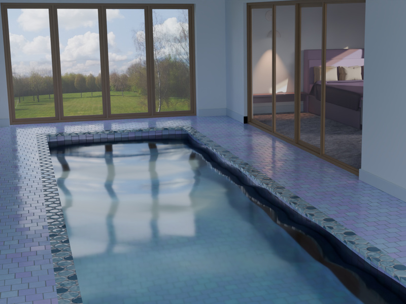 Indoor swimming pool tiled in mosaic, with garden windows and glass doors onto the bedroom