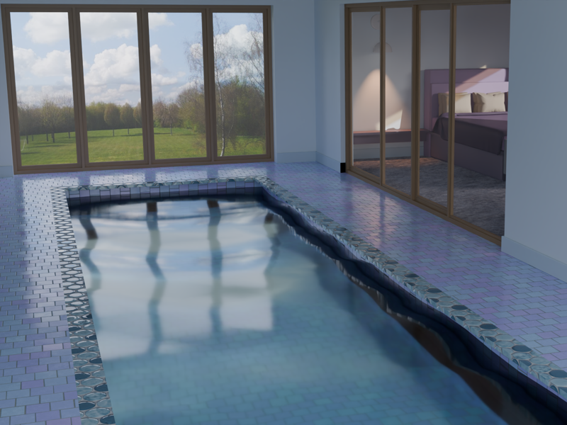 Indoor swimming pool tiled in mosaic, with garden windows and glass doors onto the bedroom