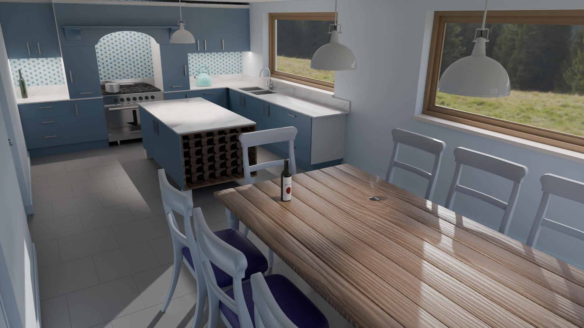 Kitchen and dining area with blue cabinetry, a marble-topped island with a wine rack, pendant lights and a wooden table