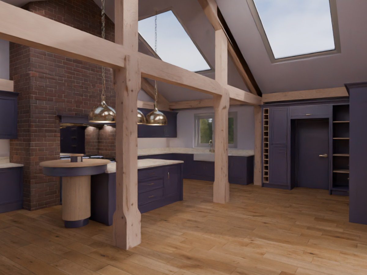 Full-room kitchen render with vaulted ceiling and skylights