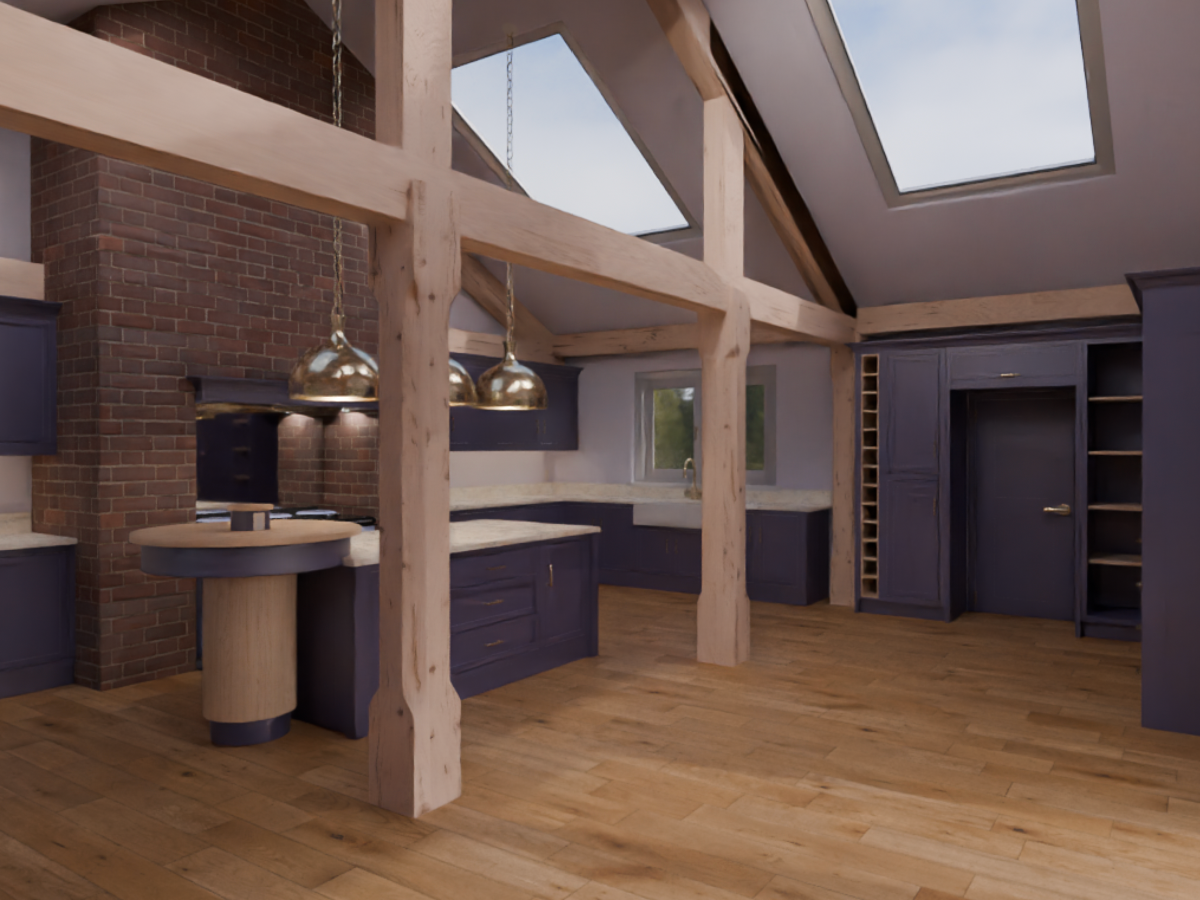Full-room kitchen render with vaulted ceiling and skylights
