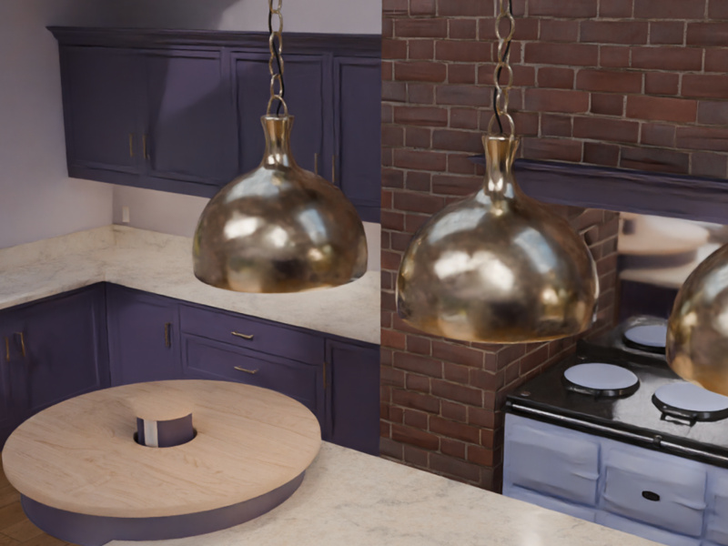 Brass pendant lights over the kitchen island and range cooker