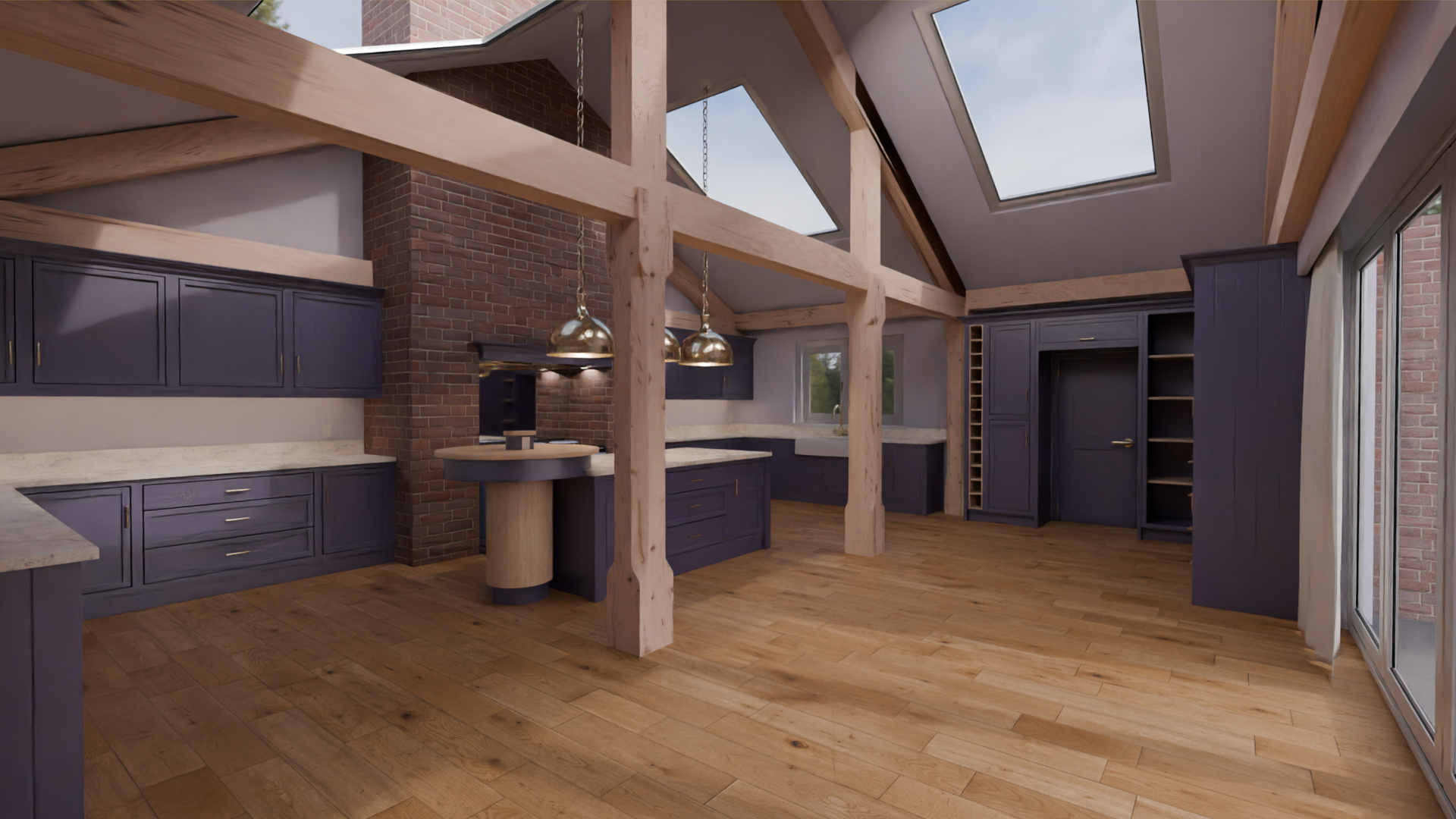 Full-room kitchen render with vaulted ceiling, exposed beams and skylights