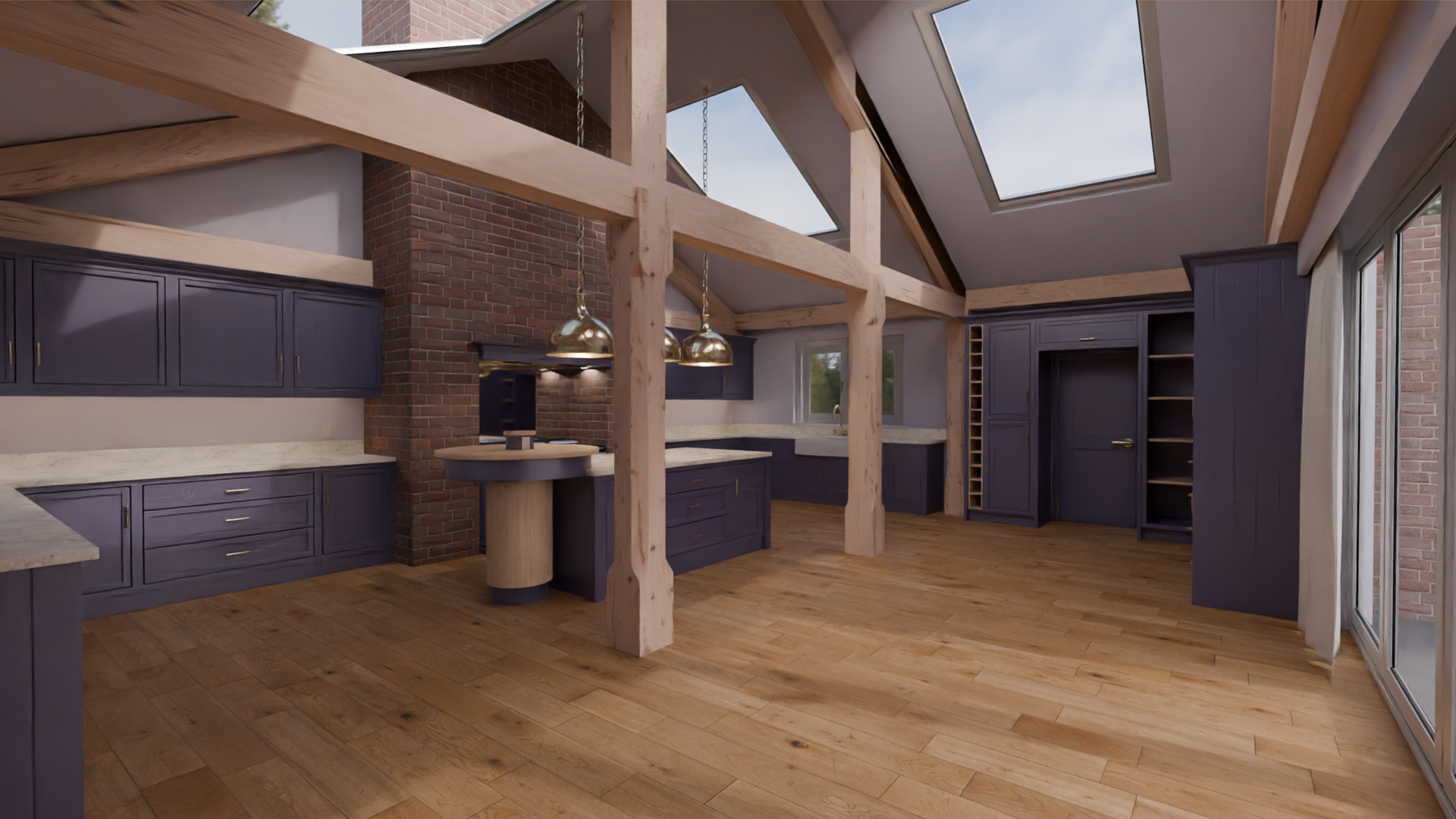 Full-room kitchen render with vaulted ceiling, exposed beams and skylights