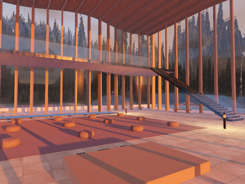 Mezzanine staircase rising through the oak fin curtain wall above the cushioned practice floor