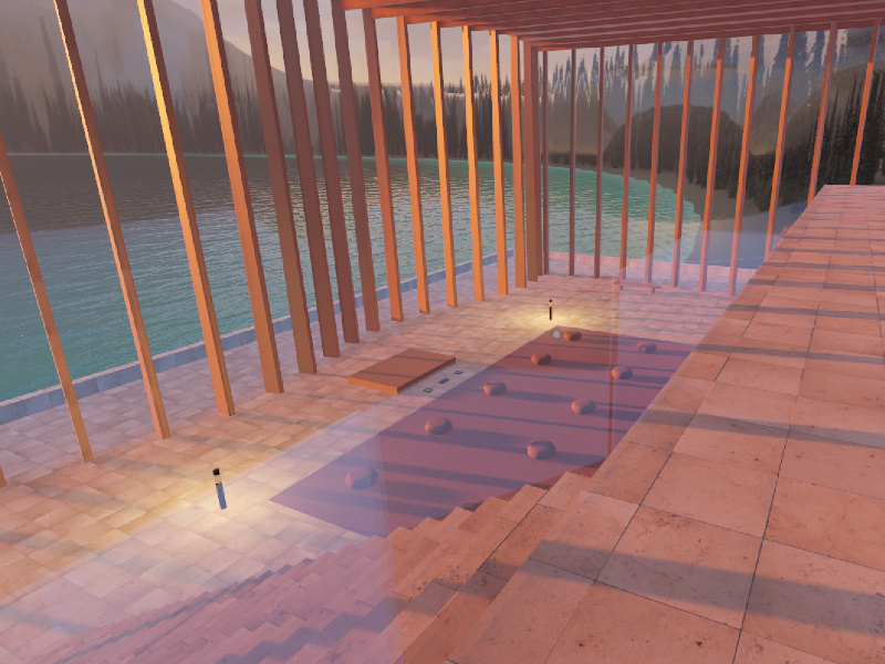 Steps down toward the practice floor with the turquoise glacial lake through the glass