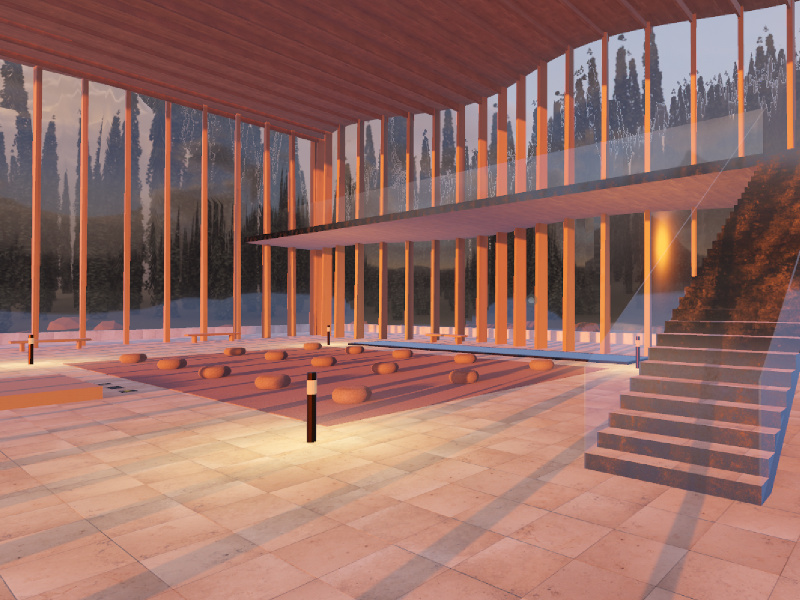Ribbed oak ceiling and fin wall over the cushioned practice floor and mezzanine stair
