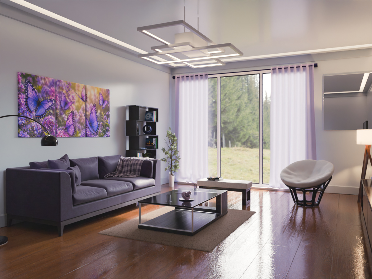 Modern living room render with a grey sofa and floor-to-ceiling windows