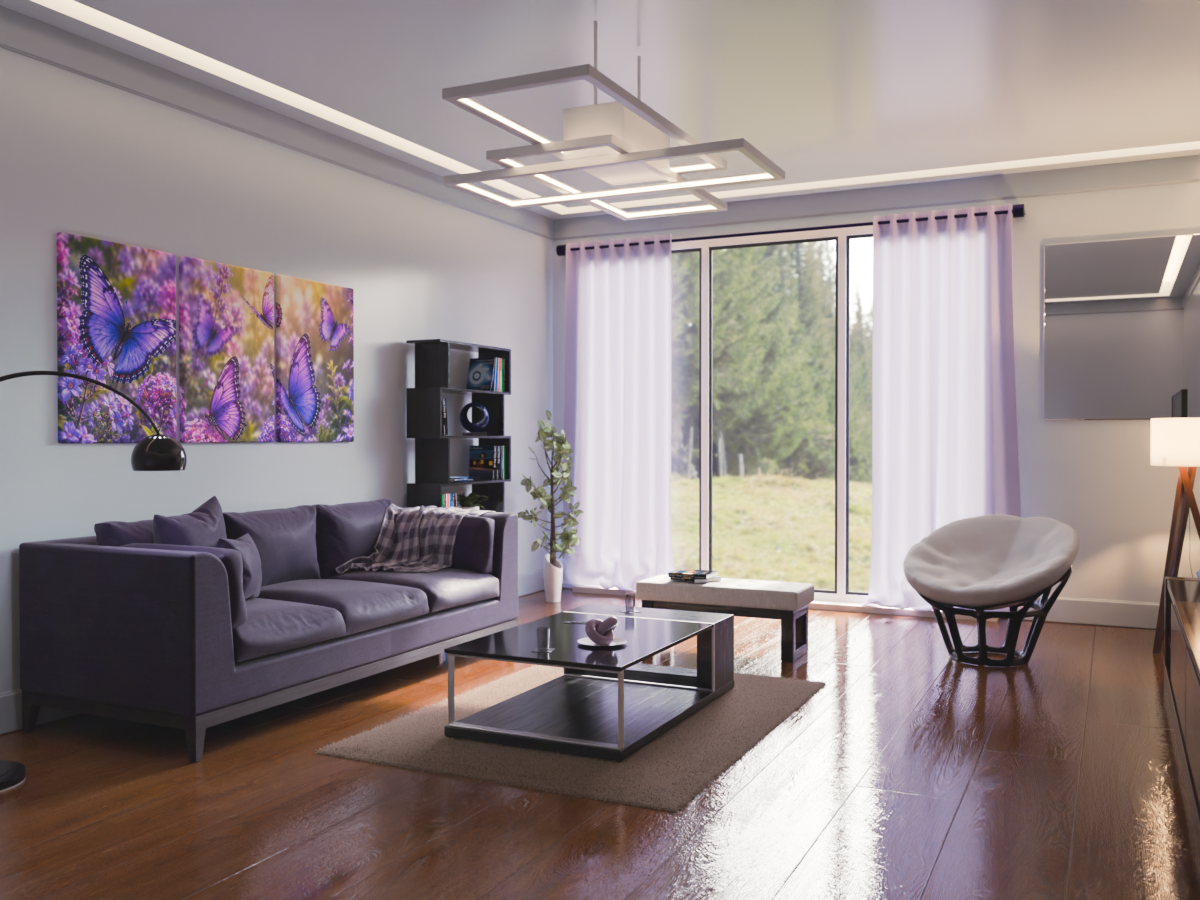 Modern living room render with a grey sofa and floor-to-ceiling windows
