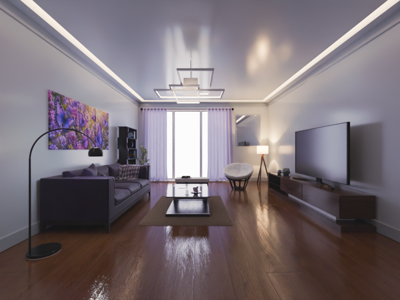 Wide view of the living room with media unit, floor lamp and wall art