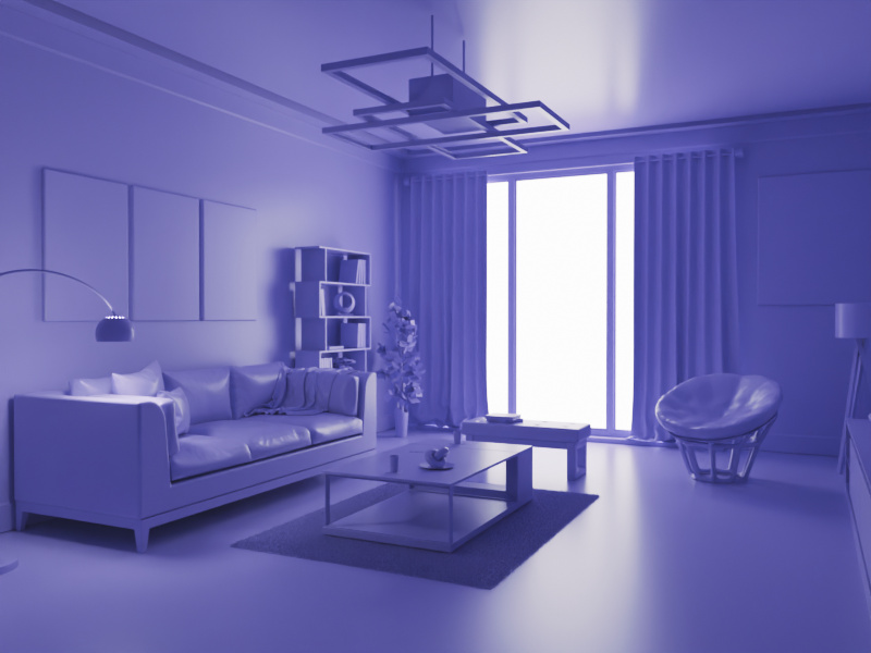 Clay render of the room showing the lighting and layout before texturing