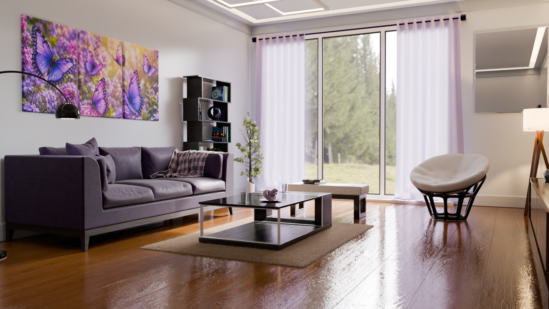 Modern living room render with a grey sofa, floor-to-ceiling windows and a butterfly canvas on the wall