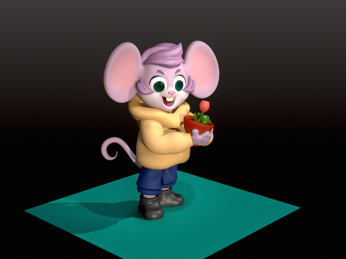 Chibi-style mouse character holding a potted plant