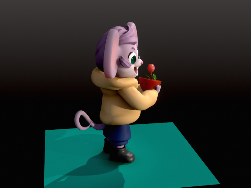 Side view of the chibi mouse holding a potted plant