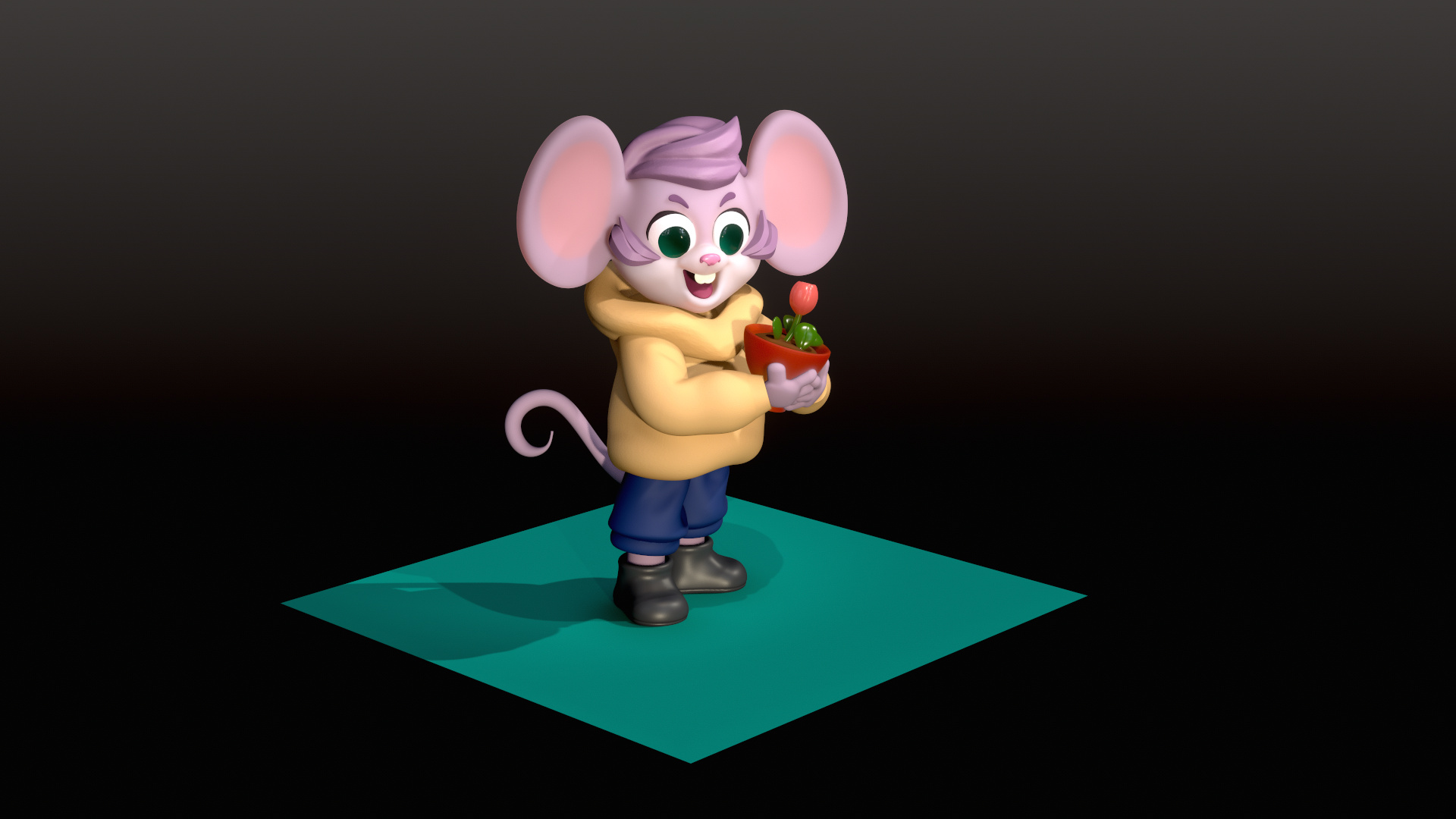 Chibi-style mouse character holding a potted plant