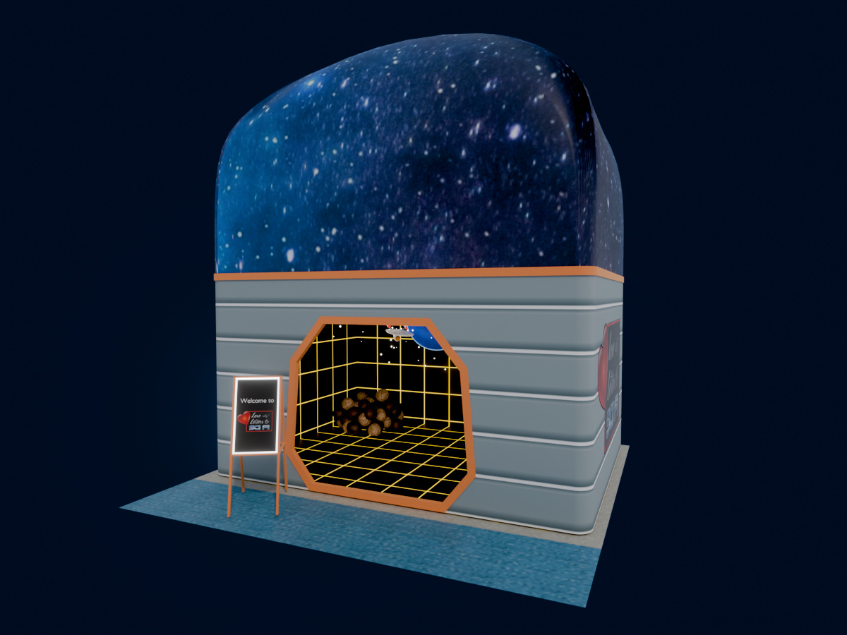 PJKT Fest booth with a galaxy-domed roof and holodeck-grid interior