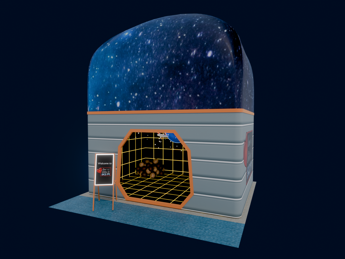 PJKT Fest booth with a galaxy-domed roof and holodeck-grid interior