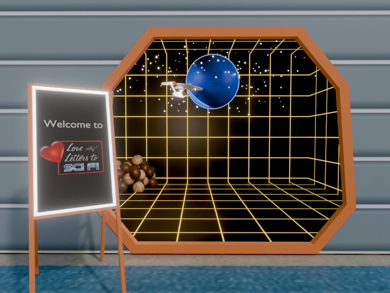 Holodeck-grid interior with a blue planet, miniature Enterprise and welcome sign