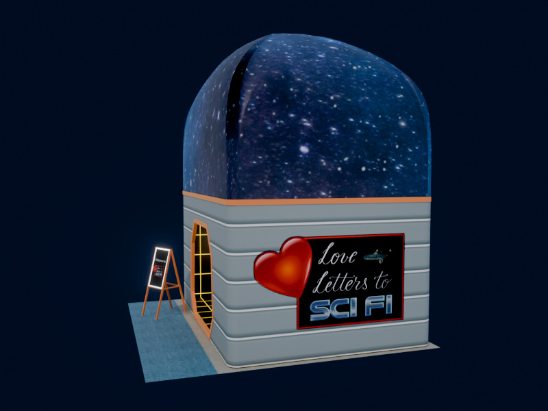 Booth exterior showing the Love Letters to Sci-Fi logo and galaxy dome
