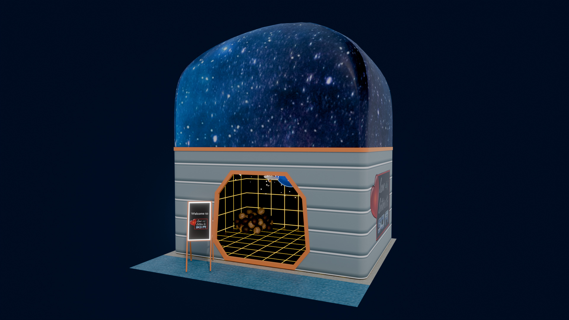 PJKT Fest booth with a galaxy-domed roof and holodeck-grid interior