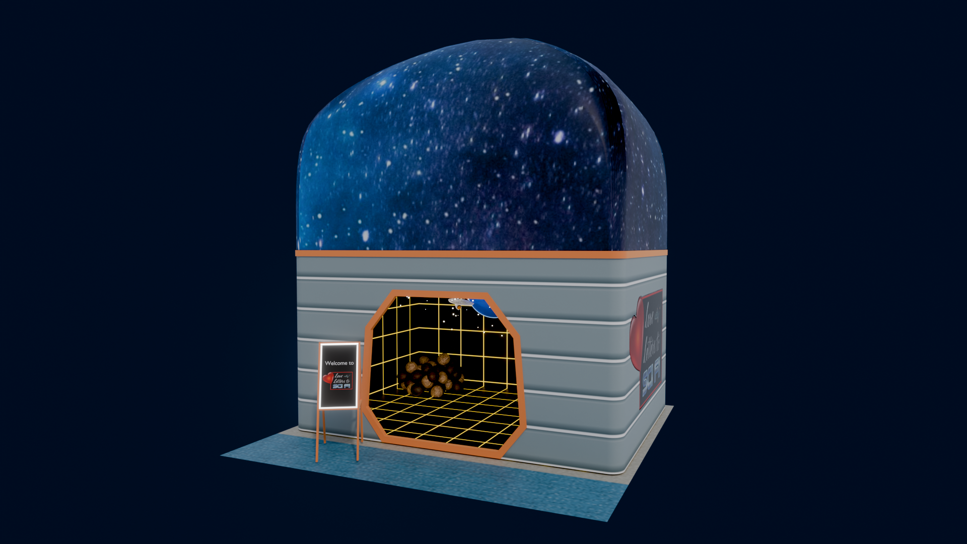 PJKT Fest booth with a galaxy-domed roof and holodeck-grid interior