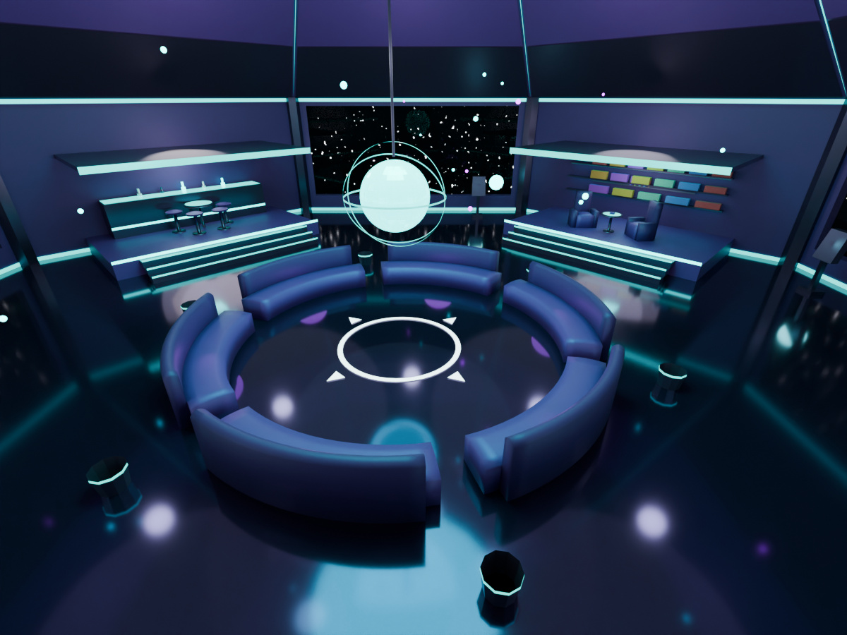 Space station home world lounge with central globe