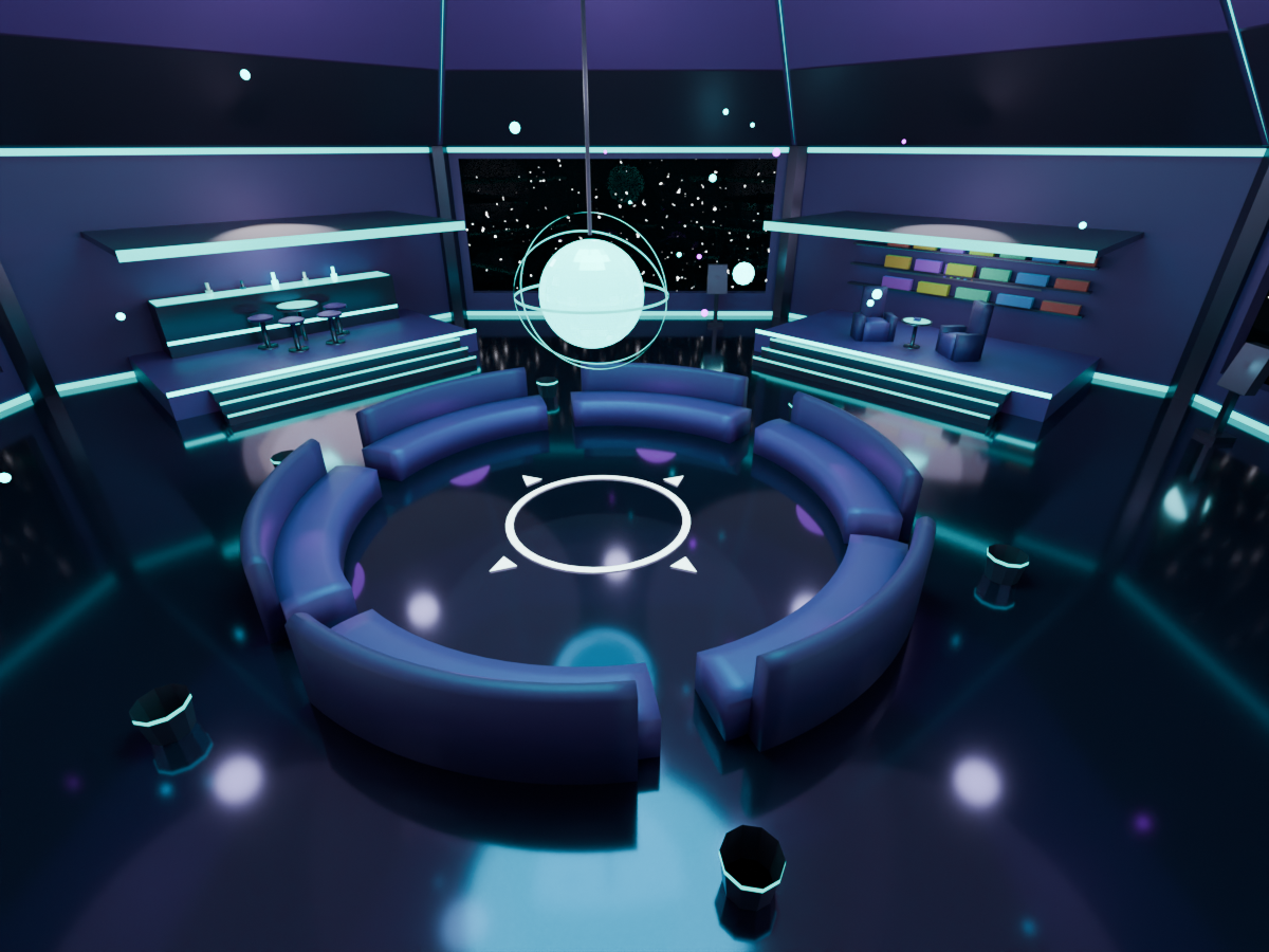 Space station home world lounge with central globe