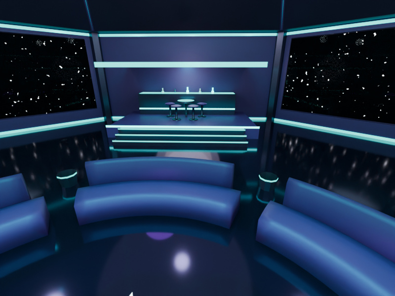 Bar alcove with shelving and a starfield view