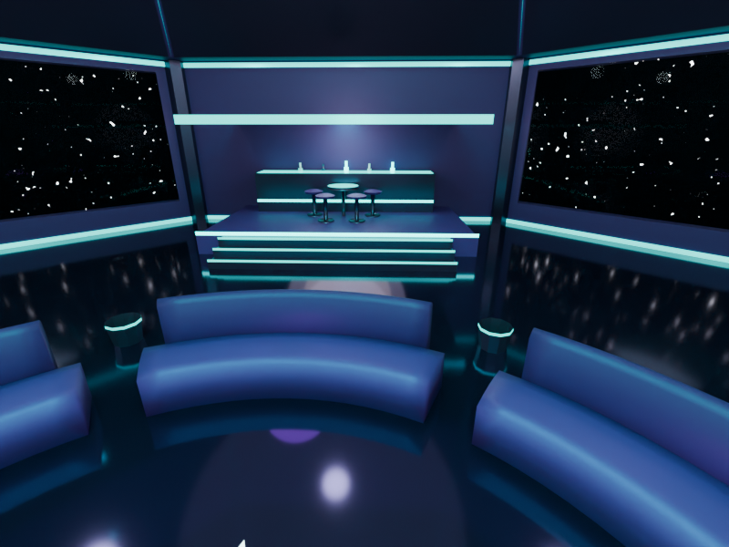 Bar alcove with shelving and a starfield view