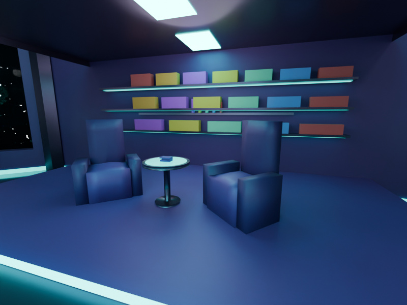 Reading lounge alcove with armchairs and colourful shelves