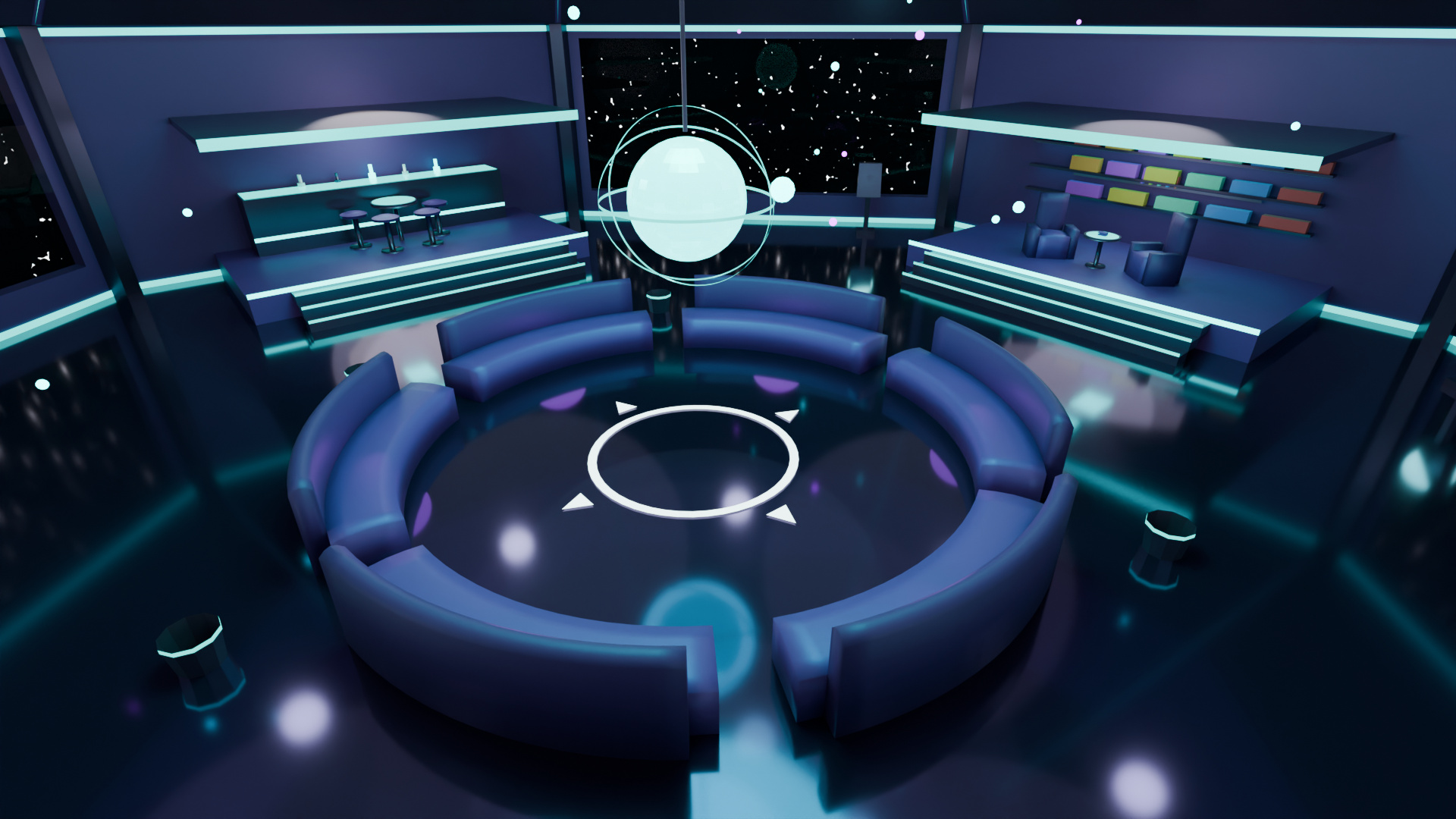 Central lounge of the space station world with circular couches and a glowing globe