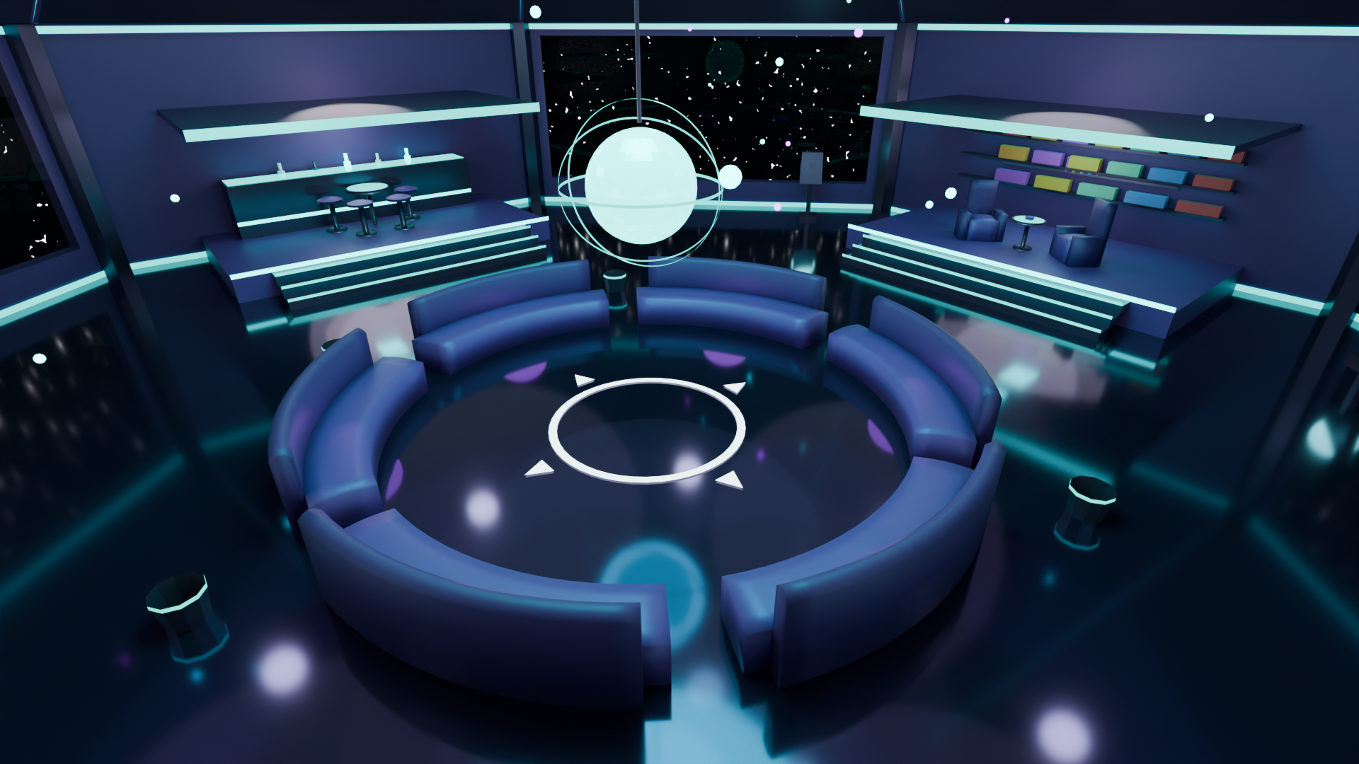 Central lounge of the space station world with circular couches and a glowing globe