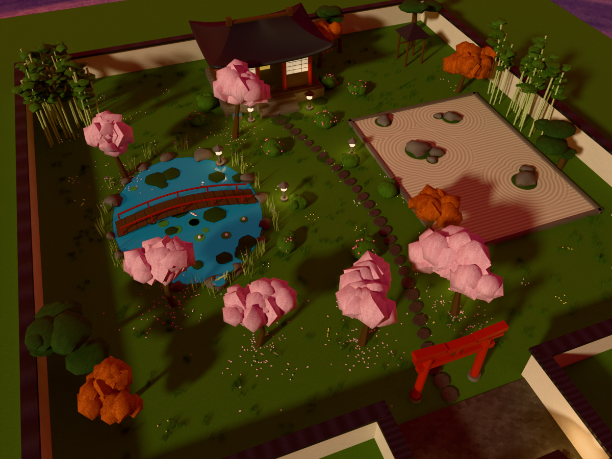 Overhead view of a walled Japanese zen garden world